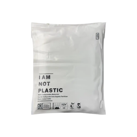White compostable bag with text on a white background
