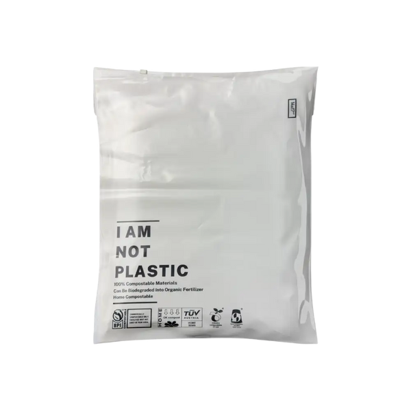 White compostable bag with text on a white background
