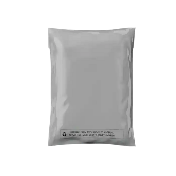 Grey Mailer bags made from recycled LDPE options on white background