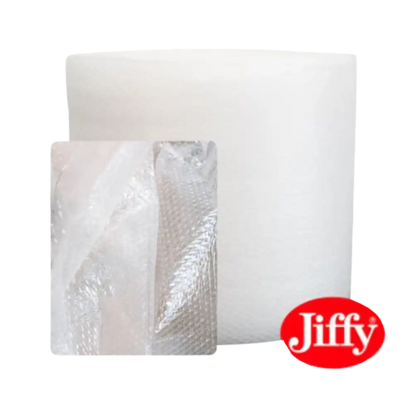 Jiffy bubble wrap and packaging material on a white background with Jiffy logo.