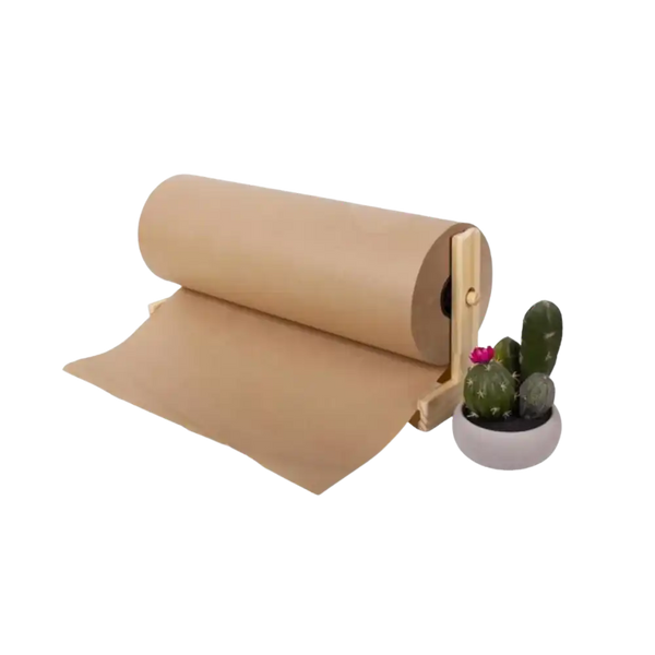 Roll of brown paper with a small potted cactus on a white background