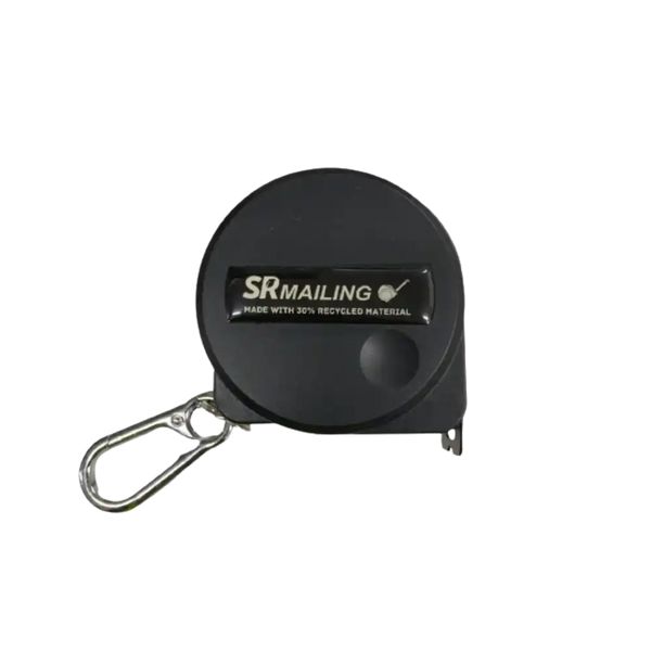 Black retractable tape measure with 'SR Mailing' branding on a white background