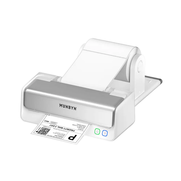 MUNBYN RW405B thermal label printer with integrated label holder printing a 4x6 USPS Priority Mail shipping label
