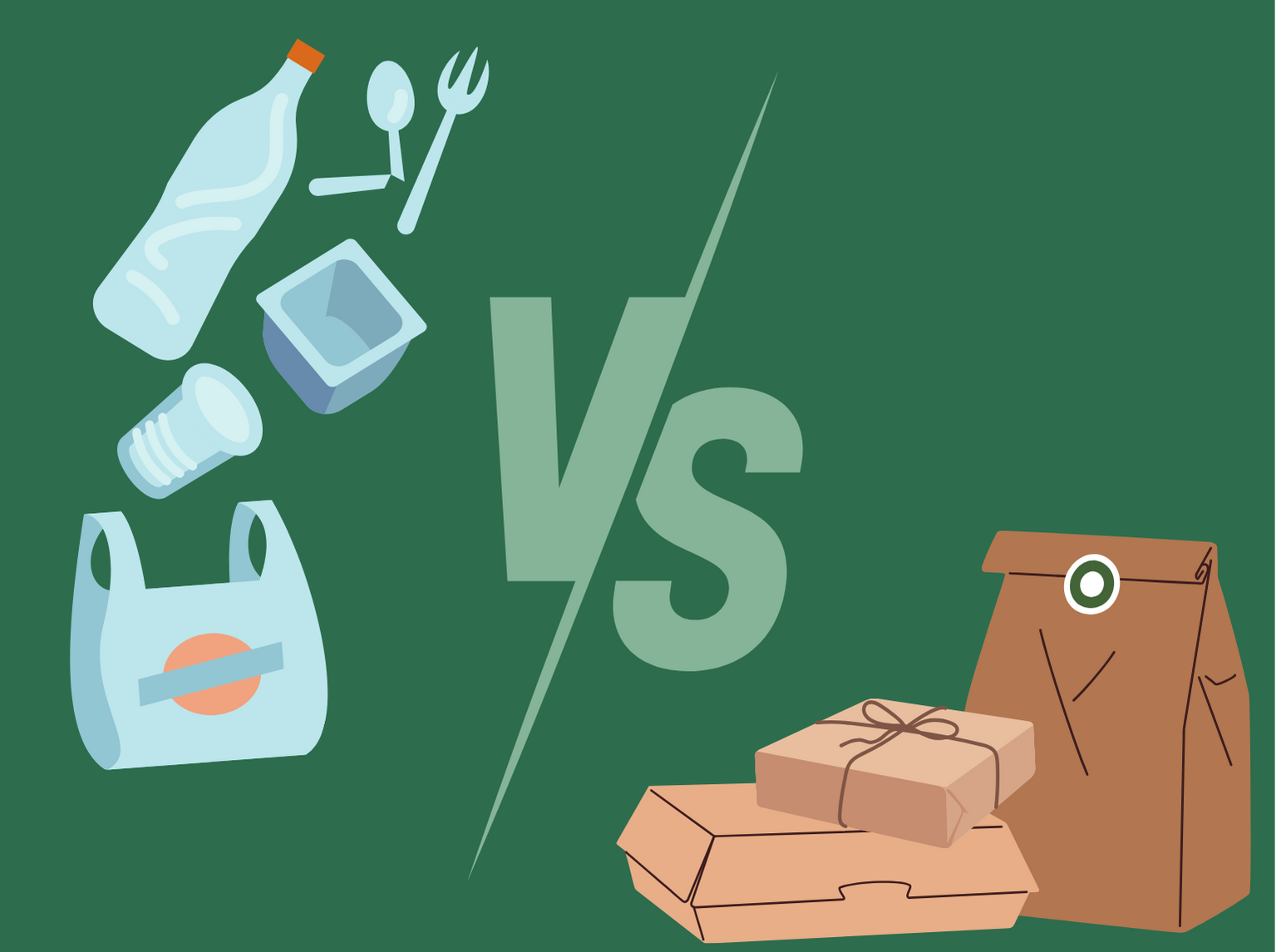 various plastic items like water bottles, plastic bags, and plastic spoons and forks with a versus sign in the middle, and paper products on the other side like paper bags, paper wrapped presents, and paper takeout takeaway boxes