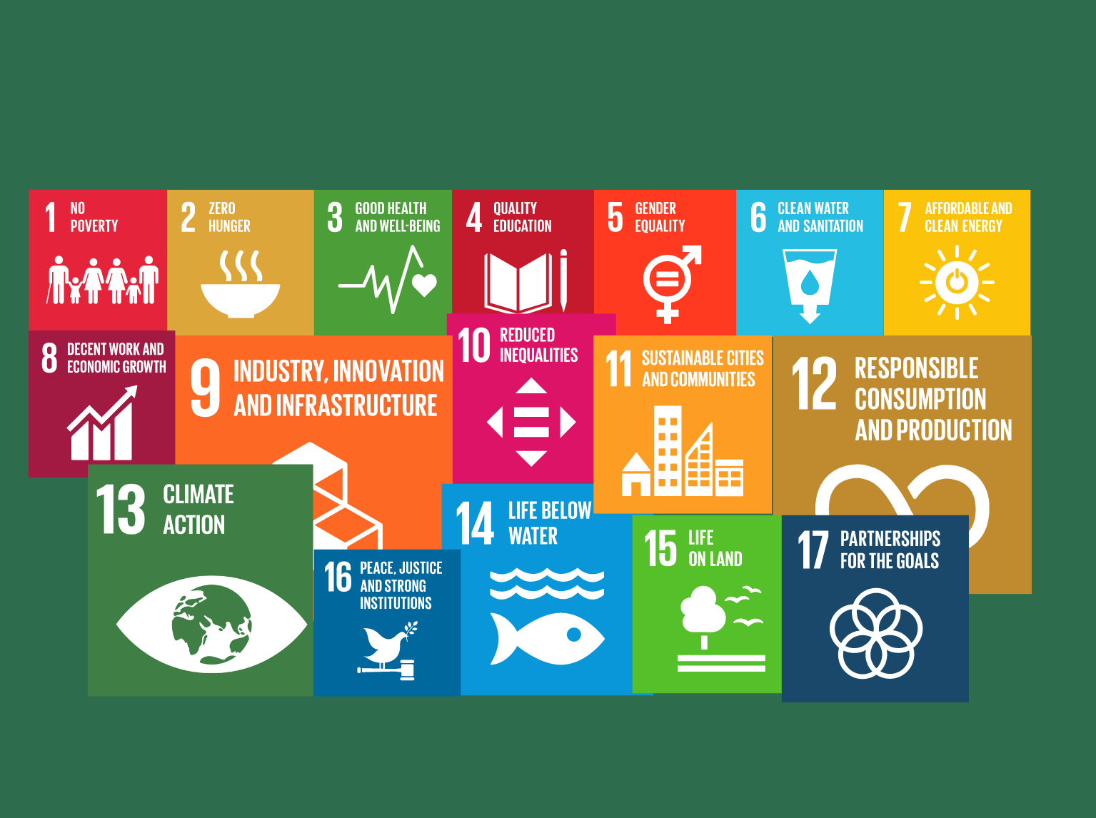 dark green background with the seventeen 17 united nations sustainable development goals in the centre