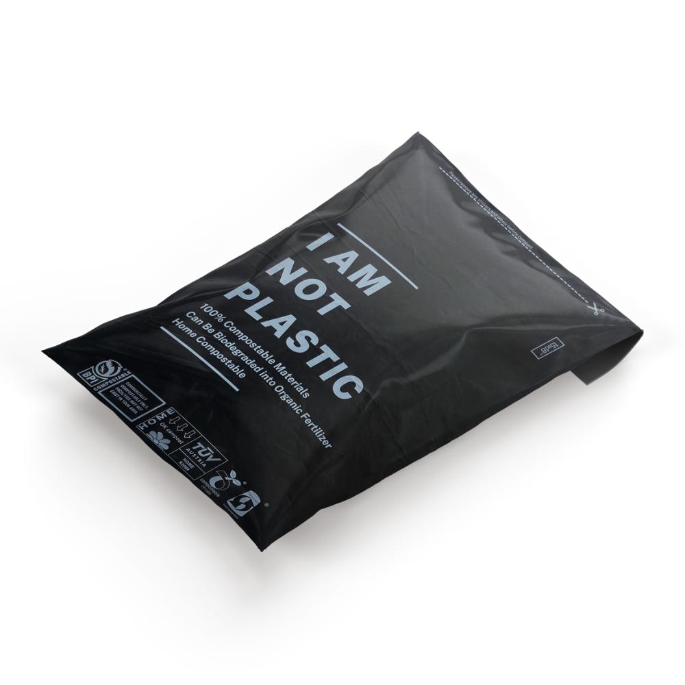 100% black compostable mailing bag with the words ' I am not plastic ' 