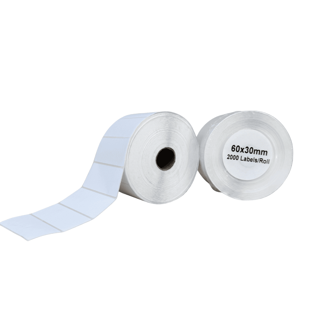 Two rolls of label paper with a roll label showing dimensions 60x30mm and quantity on a white background