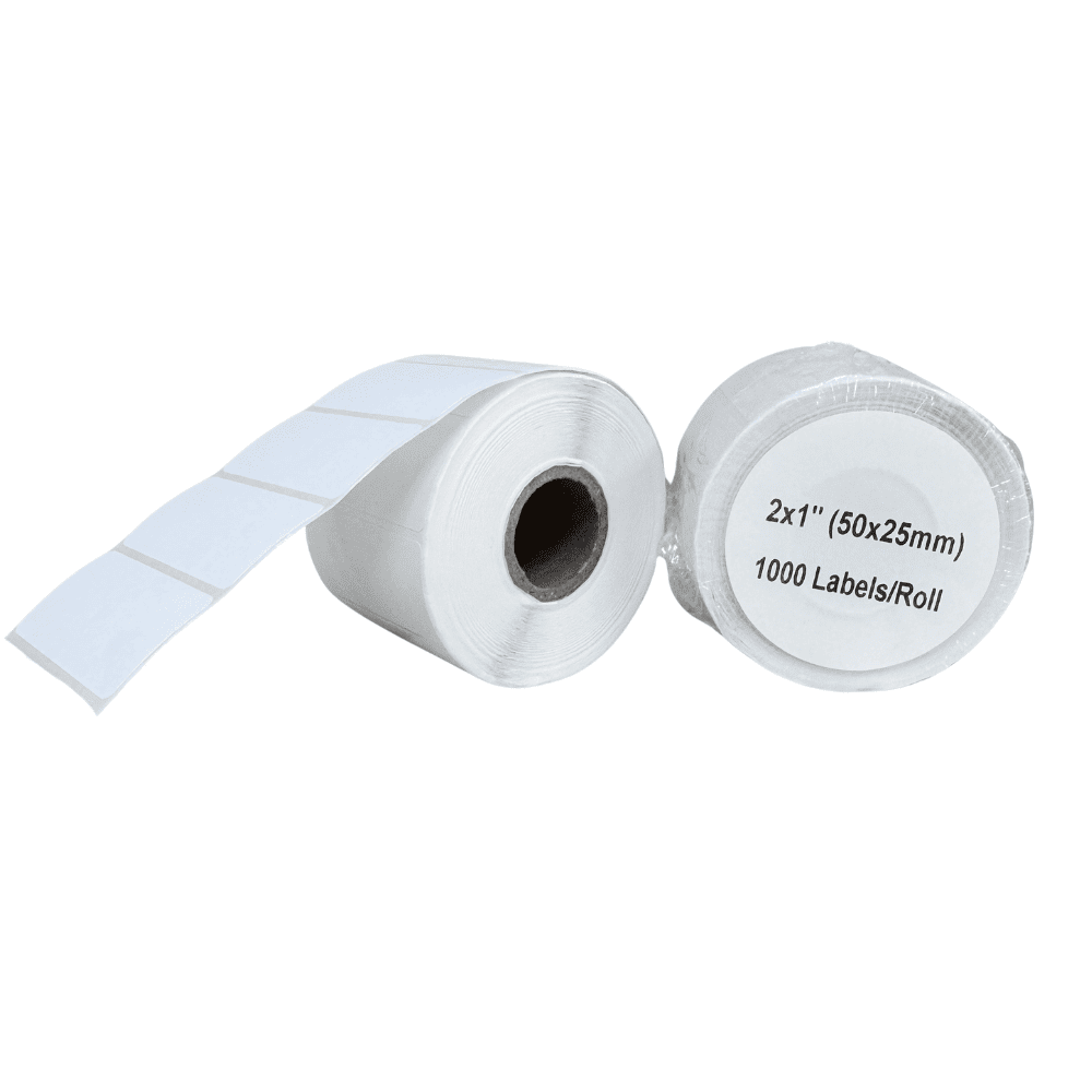 Two rolls of 2x1 white labels with label dimensions and quantity on a white background