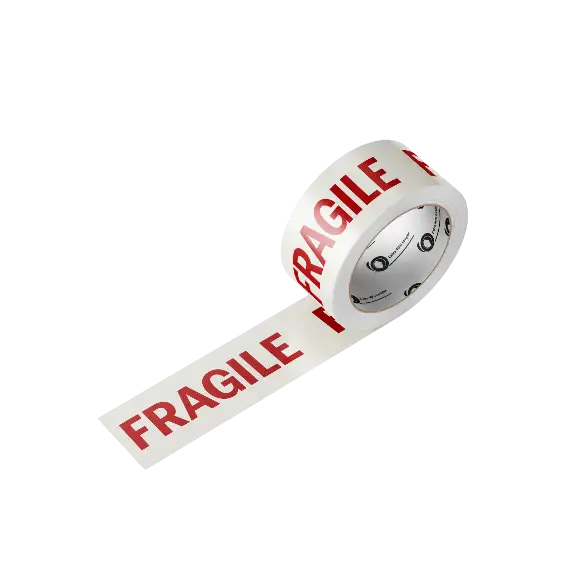 Roll of 48mm White Fragile Tape on white background