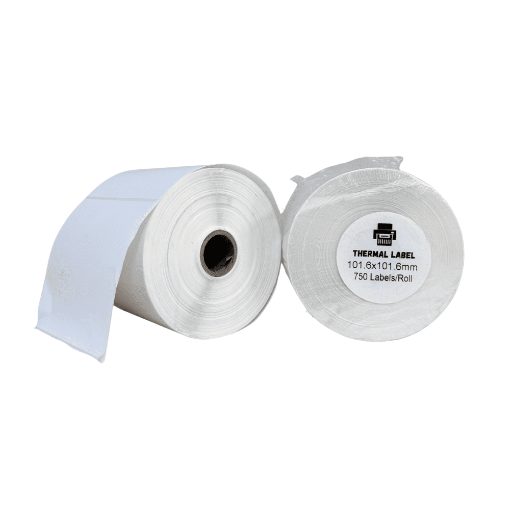 Two rolls of 4x4 thermal labels on a white background