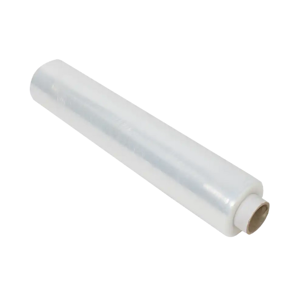 Roll of clear pallet wrap at an angle
