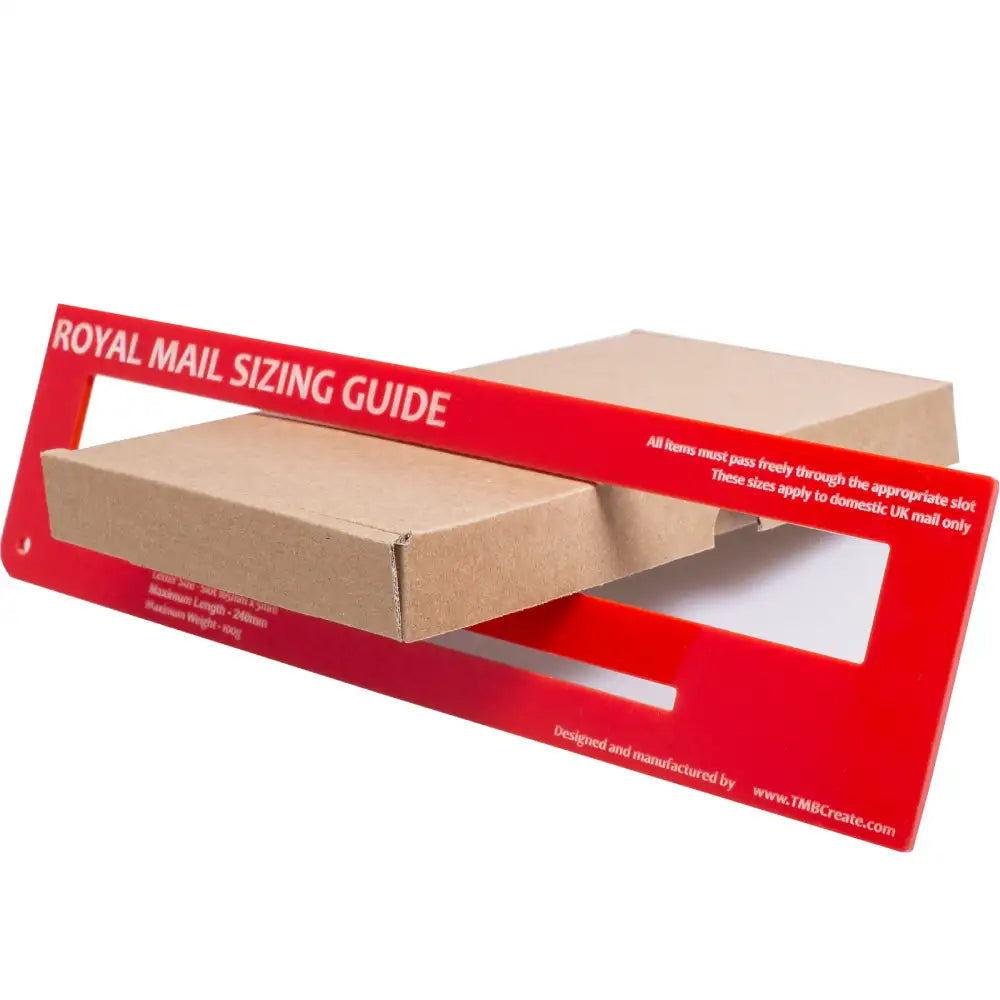 DL Cardboard box with a red 'Royal Mail Sizing Guide' on a white background