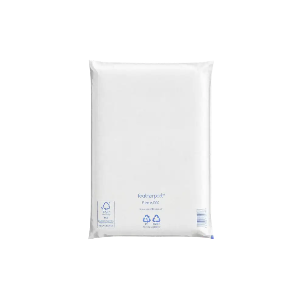 White Padded Envelope A/000 with Featherpost branding on a white background