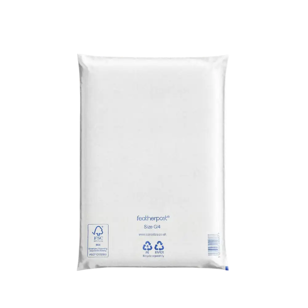 White Padded Envelope G/4 with Featherpost branding on a white background
