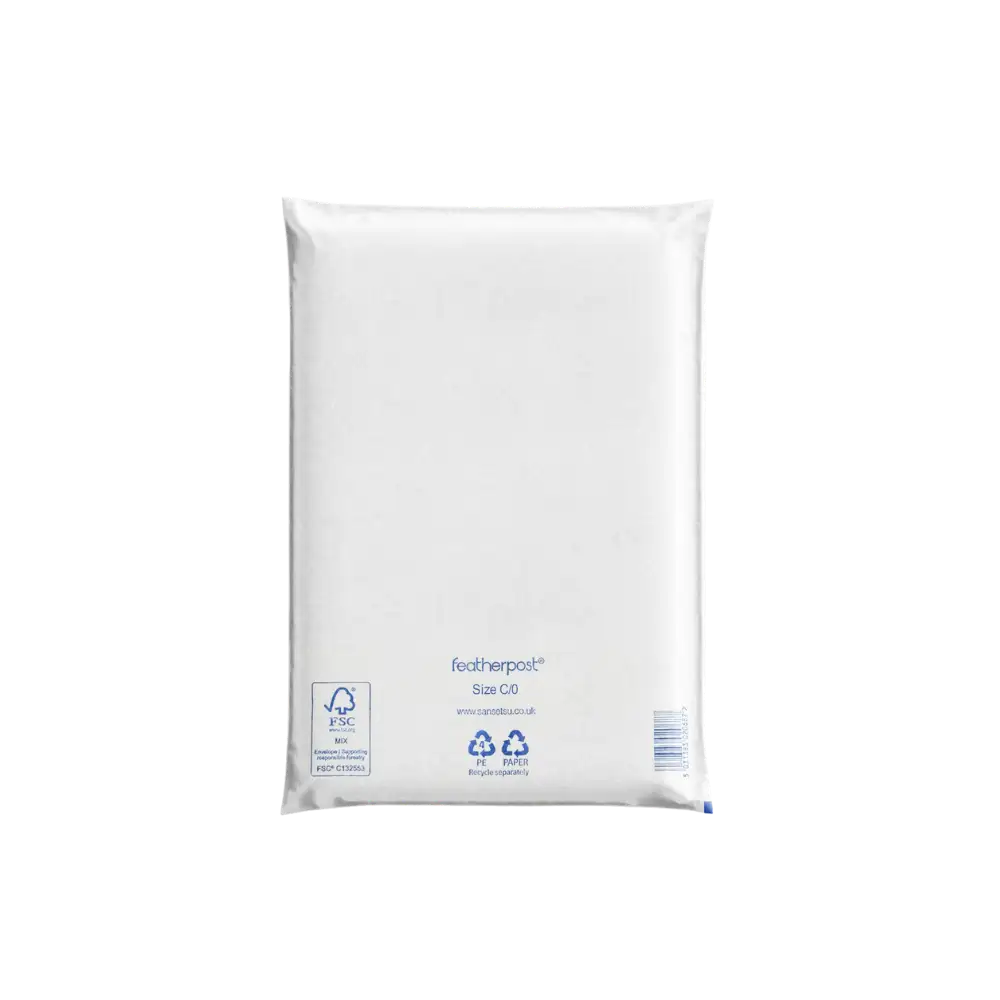 White Padded Envelope C/0 with Featherpost branding on a white background