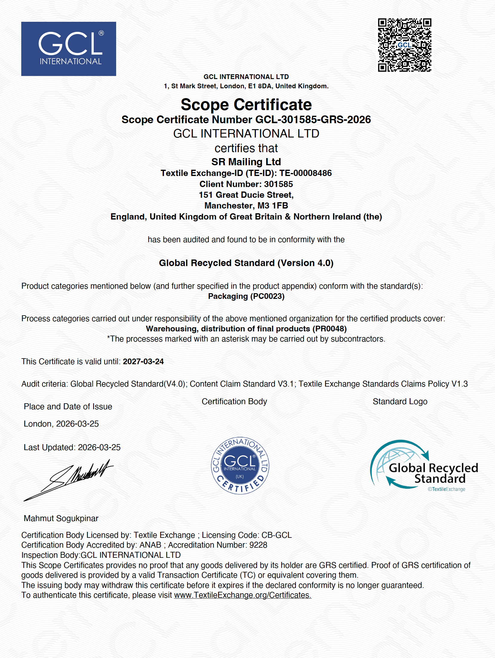 GRS recycling certification