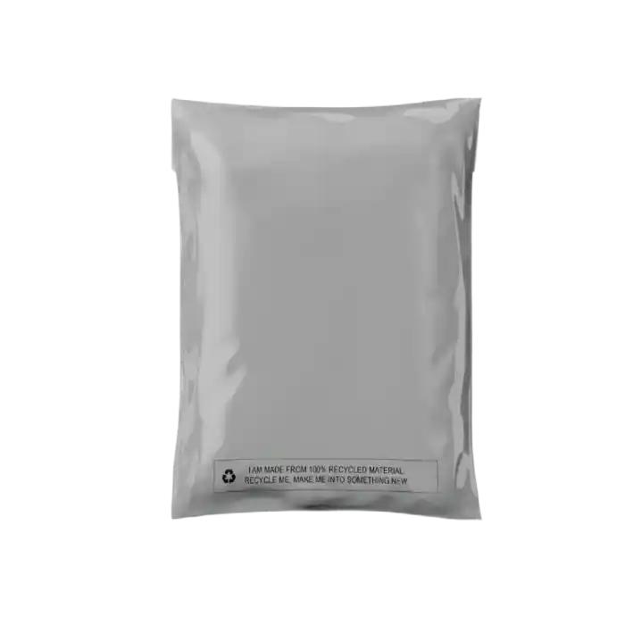 Grey Mailer bags made from recycled LDPE options on white background