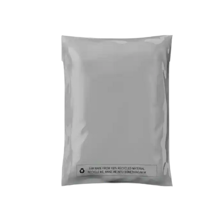 Grey Mailer bags made from recycled LDPE options on white background