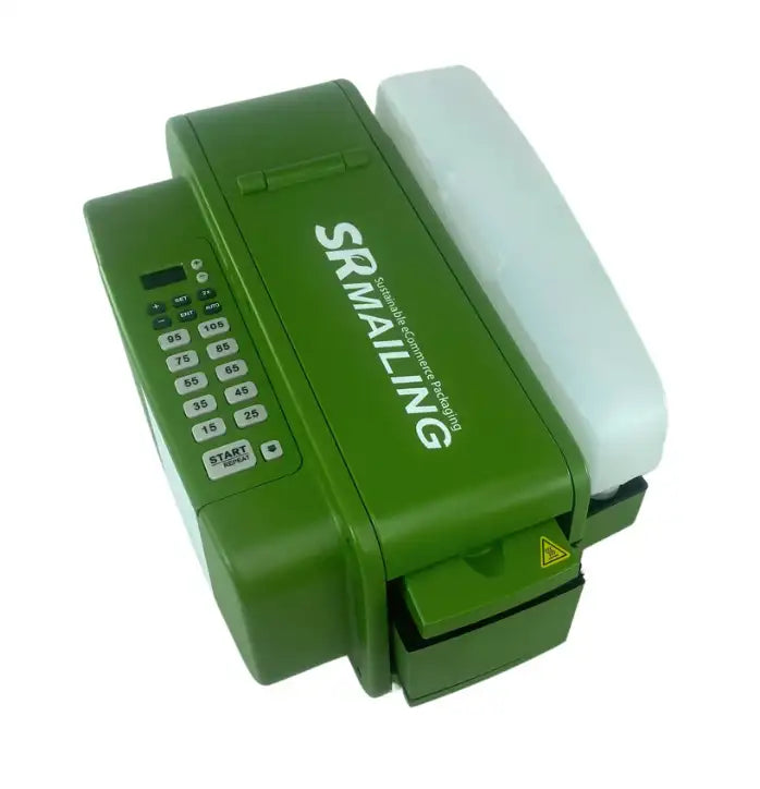 Green automatic water-activated gummed tape machine on white background