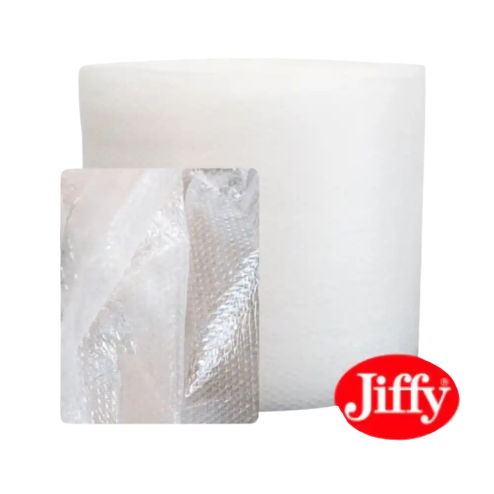Jiffy bubble wrap and packaging material on a white background with Jiffy logo.