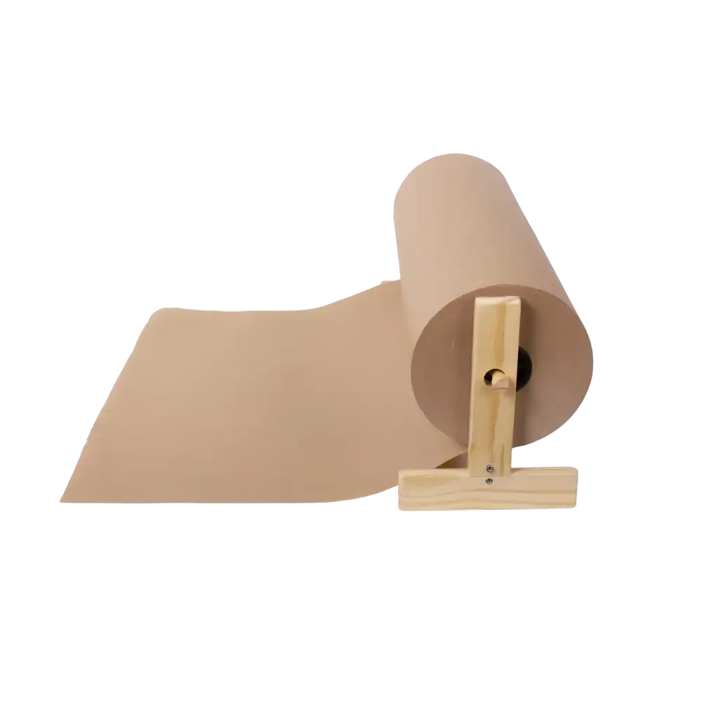 Roll of brown paper with a wooden holder on a white background