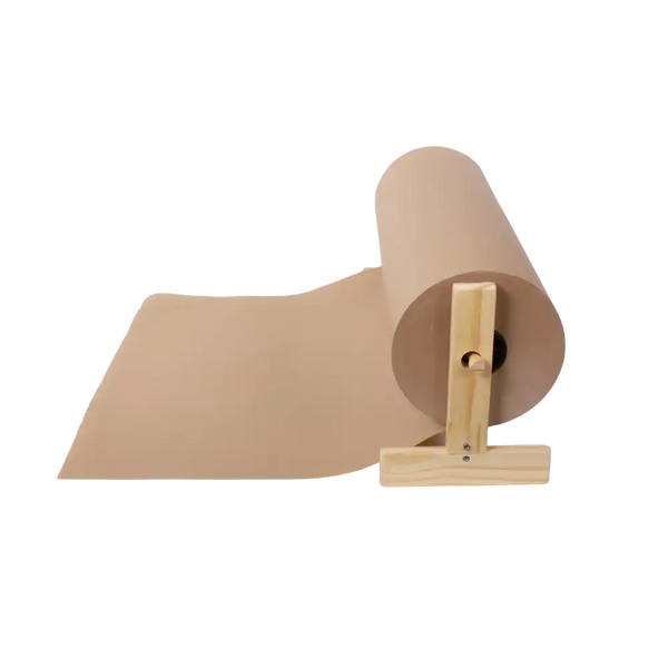 Roll of brown paper with a wooden holder on a white background