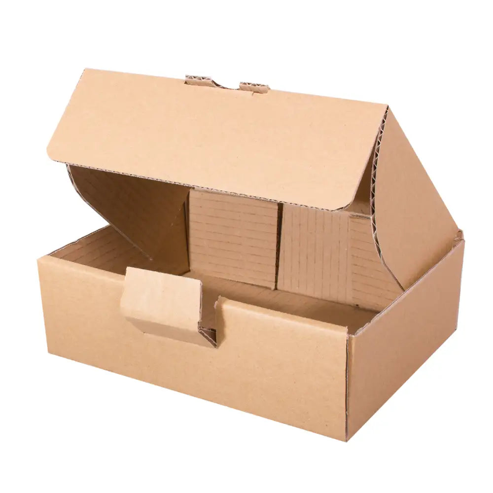 Mini Parcel Cardboard box with a red 'Royal Mail Sizing Guide' on a white background