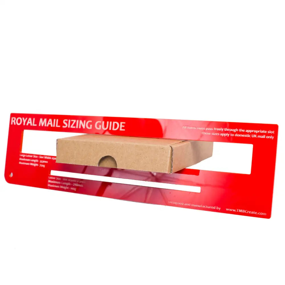 Large Letter Cardboard box with a red 'Royal Mail Sizing Guide' on a white background
