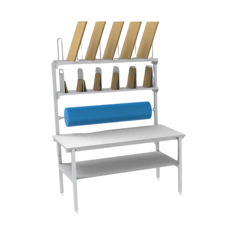 White workbench with blue roller and wooden items on a white background
