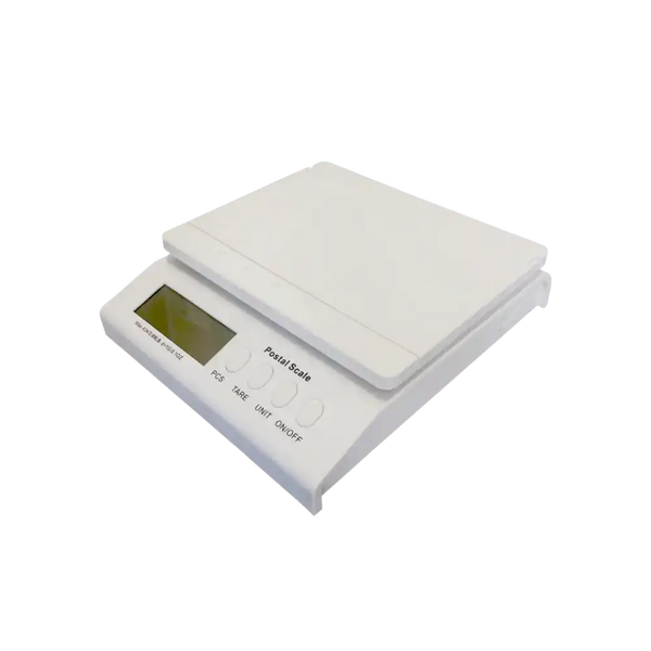 White digital postal scale on a white background