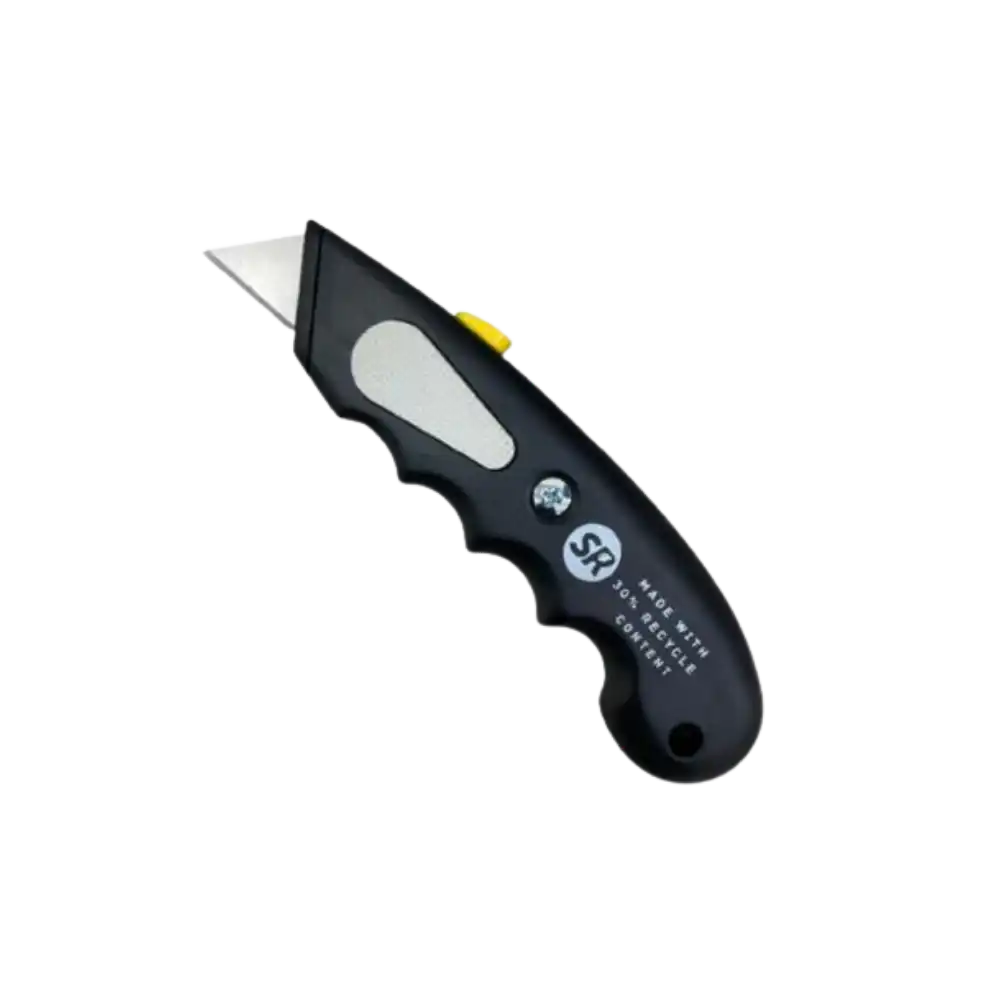 Black utility knife with a visible brand logo on a white background