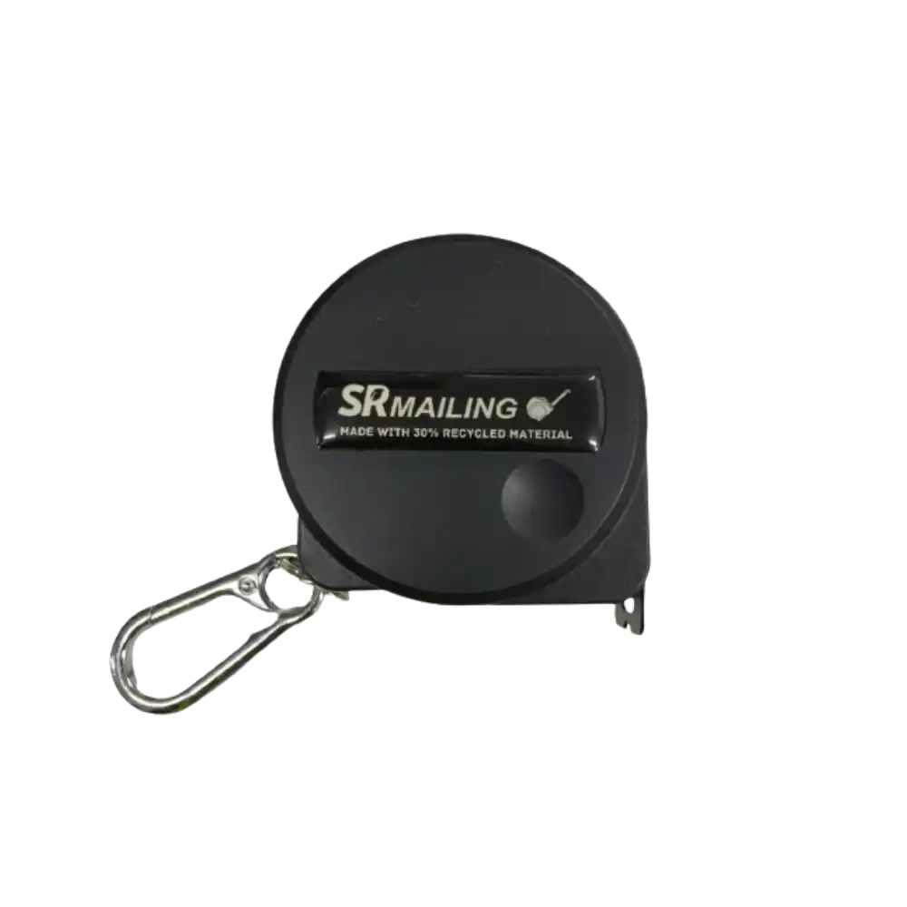 Black retractable tape measure with 'SR Mailing' branding on a white background