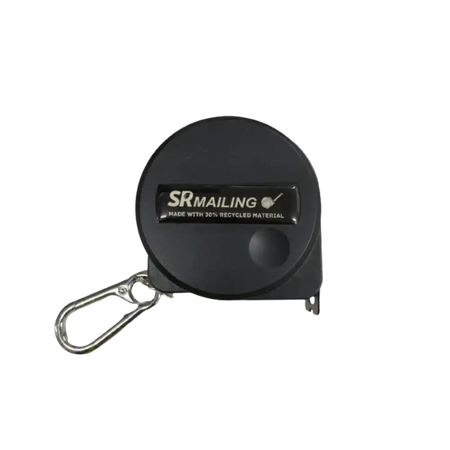 Black retractable tape measure with 'SR Mailing' branding on a white background