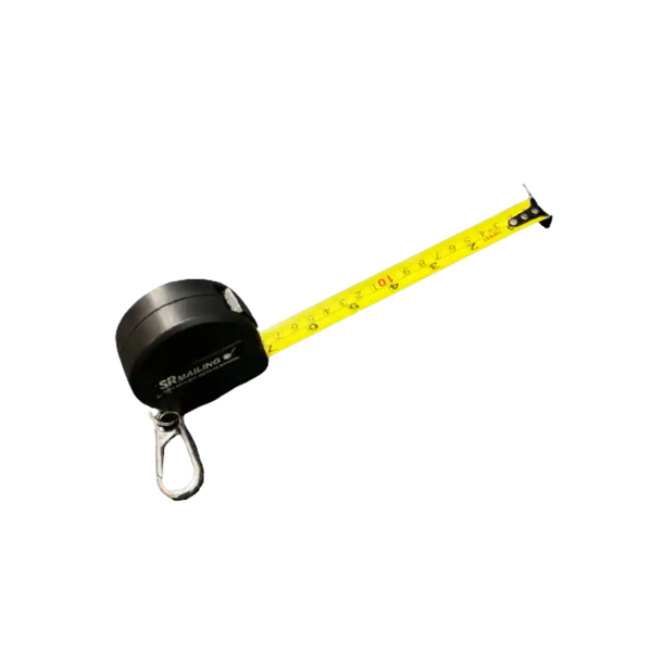 Retractable tape measure with black casing and yellow measuring tape on a white background
