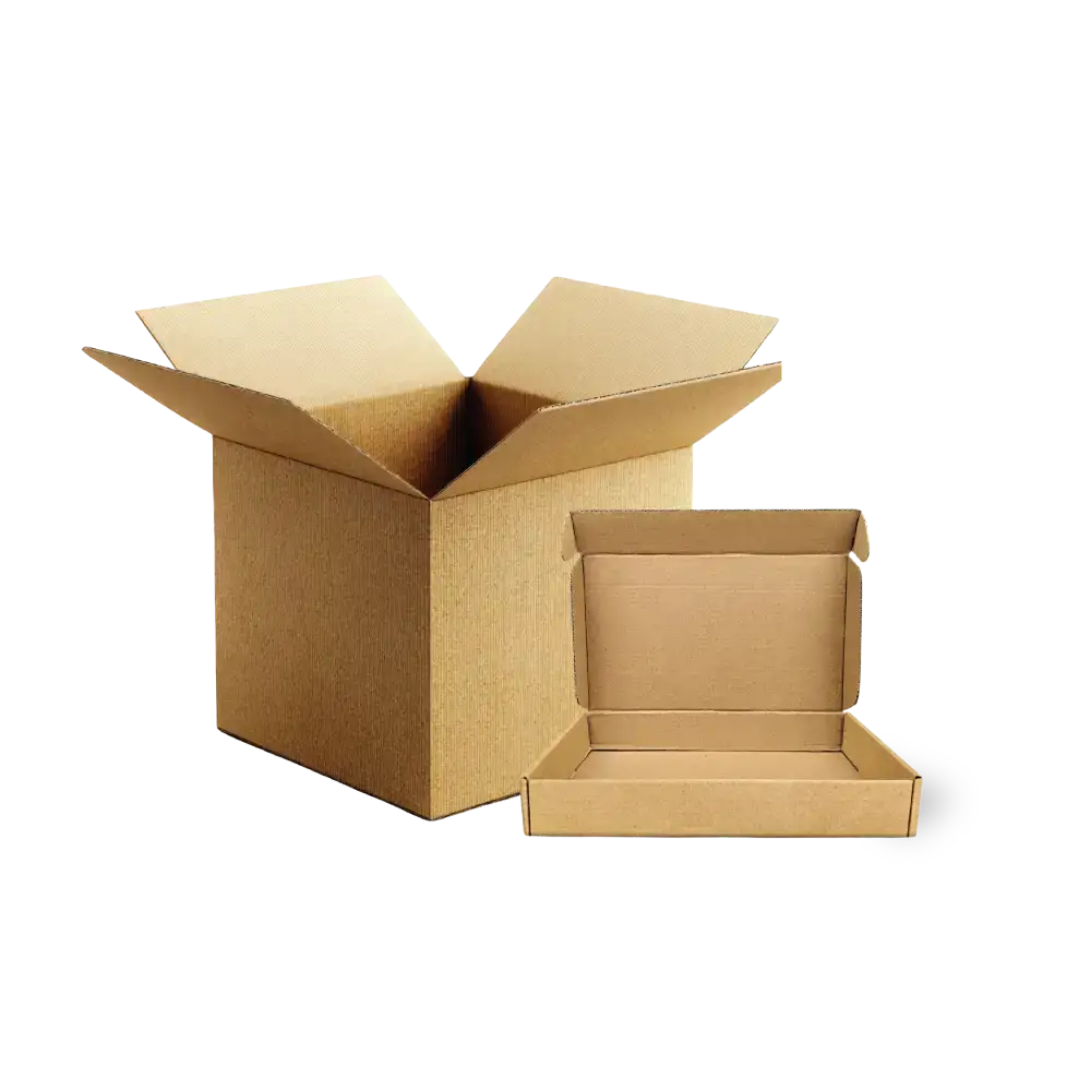 Brown cardboard shipping boxes with fold-out flaps for parcel packing