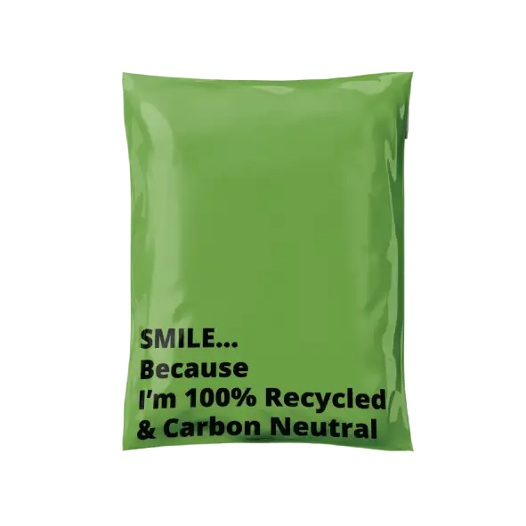Green bag with text 'SMILE... Because I'm 100% Recycled & Carbon Neutral' on a white background