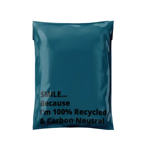 Blue bag with text 'SMILE... Because I'm 100% Recycled & Carbon Neutral' on a white background