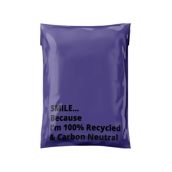 Purple bag with text 'SMILE... Because I'm 100% Recycled & Carbon Neutral' on a white background