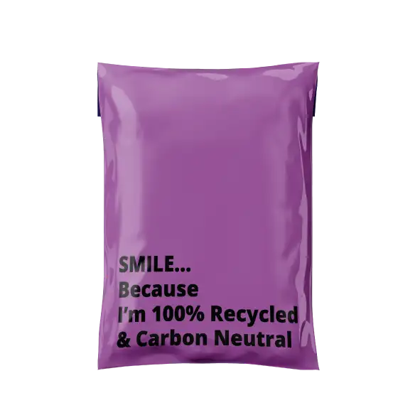 Pink bag with text 'SMILE... Because I'm 100% Recycled & Carbon Neutral' on a white background