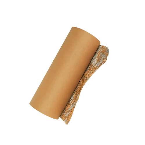Brown kraft paper honeycomb roll at a slight angle on transparent background