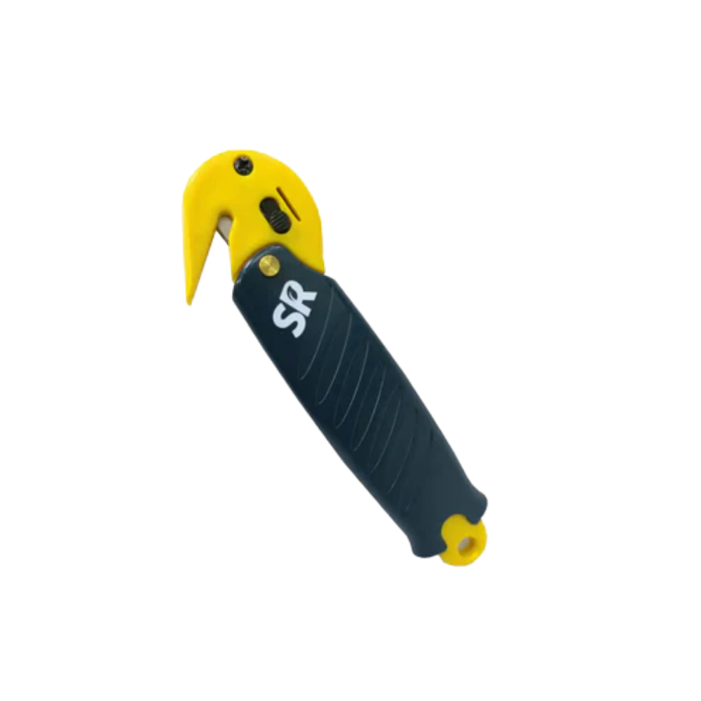 Knife with yellow blade and black handle on a white background