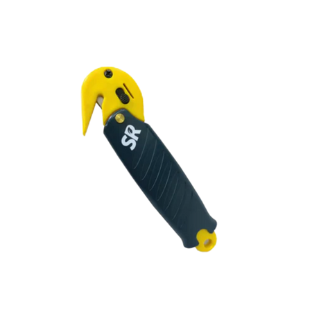 Knife with yellow blade and black handle on a white background
