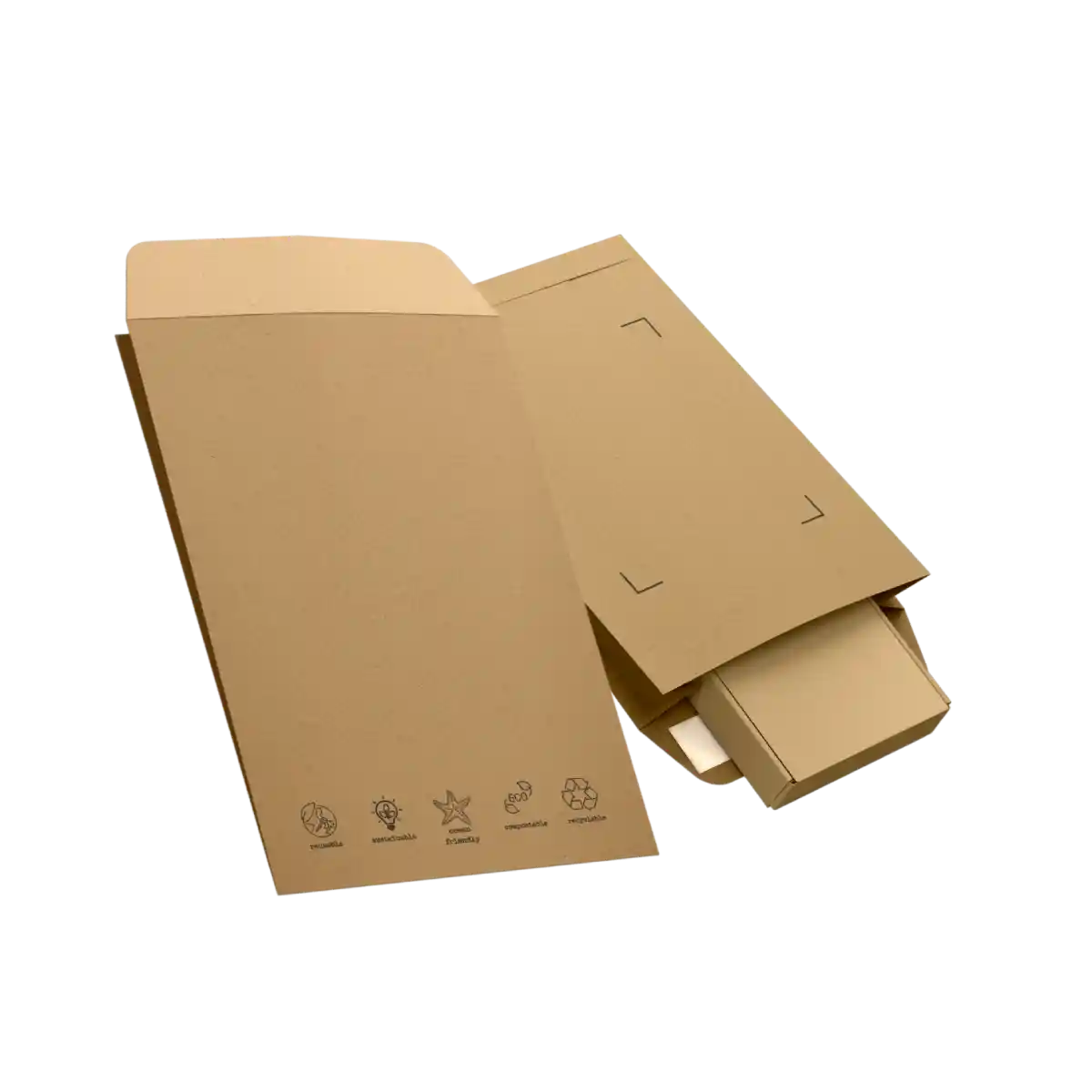 Two kraft paper mailing bags with sustainable branding on white background
