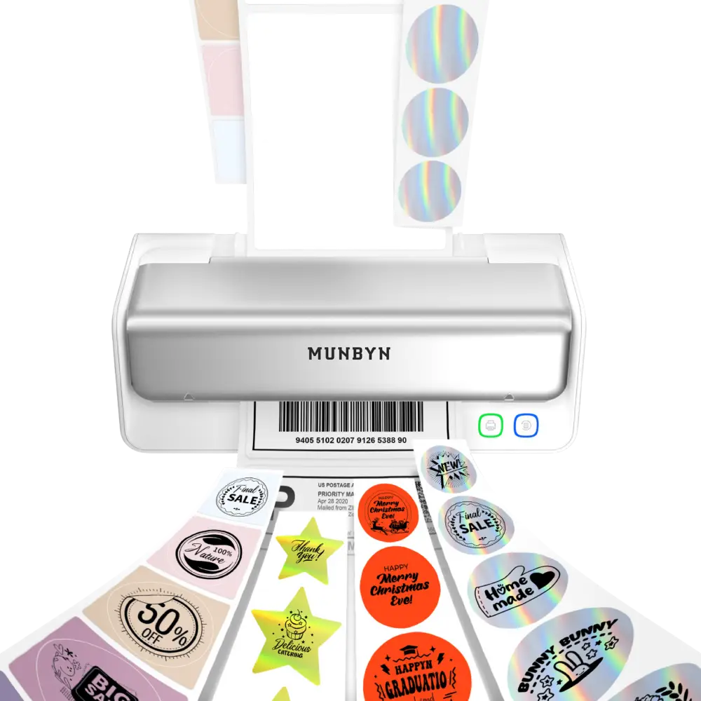 MUNBYN RW405B thermal printer producing barcode labels and colourful custom stickers including round, star and holographic designs