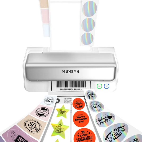 MUNBYN RW405B thermal printer producing barcode labels and colourful custom stickers including round, star and holographic designs