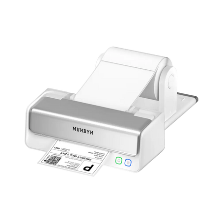 MUNBYN RW405B thermal label printer with integrated label holder printing a 4x6 USPS Priority Mail shipping label