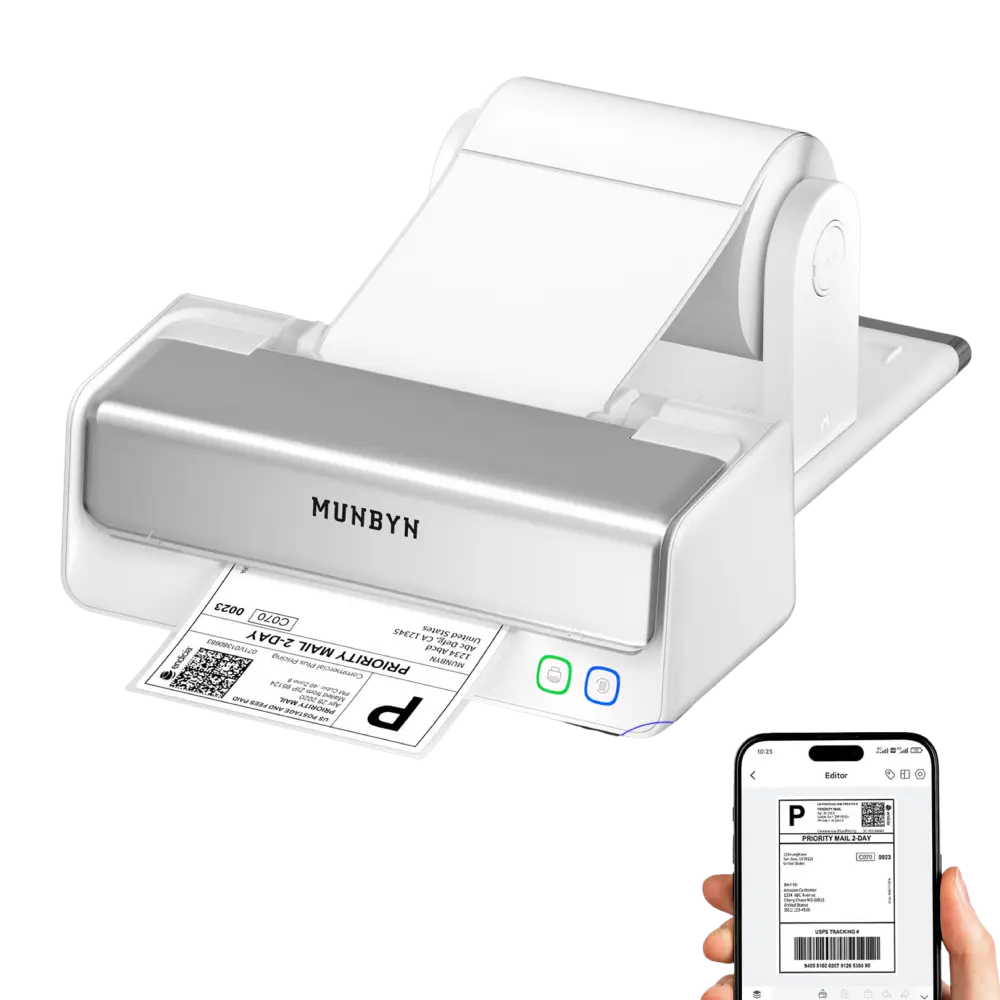 MUNBYN RW405B Bluetooth thermal label printer printing a shipping label with the MUNBYN app shown on a smartphone