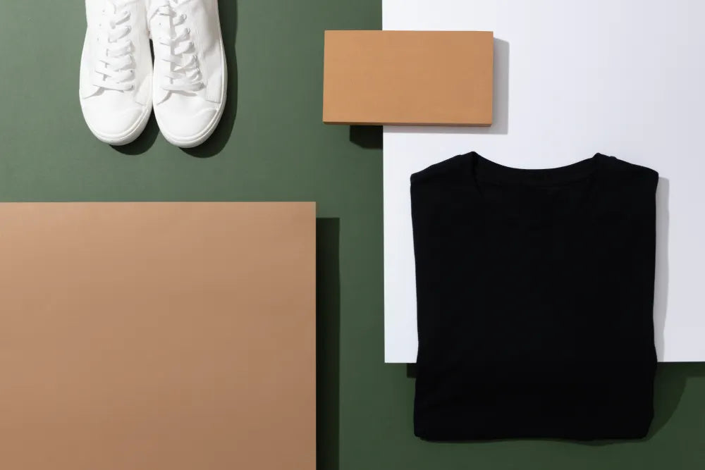 White shoes, black t-shirt with cardboard boxes on a green background
