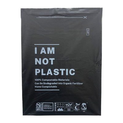 15" X 18" Black Compostable mailing bag with the text ' I AM NOT PLASTIC ' written